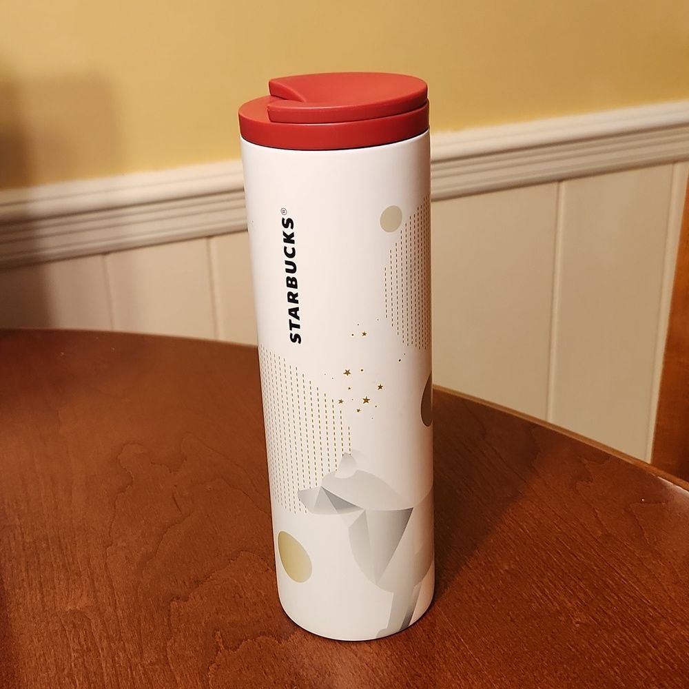 Starbucks 2012 Stainless Steel White & Red Insulated Tumbler w/ Geometric Images